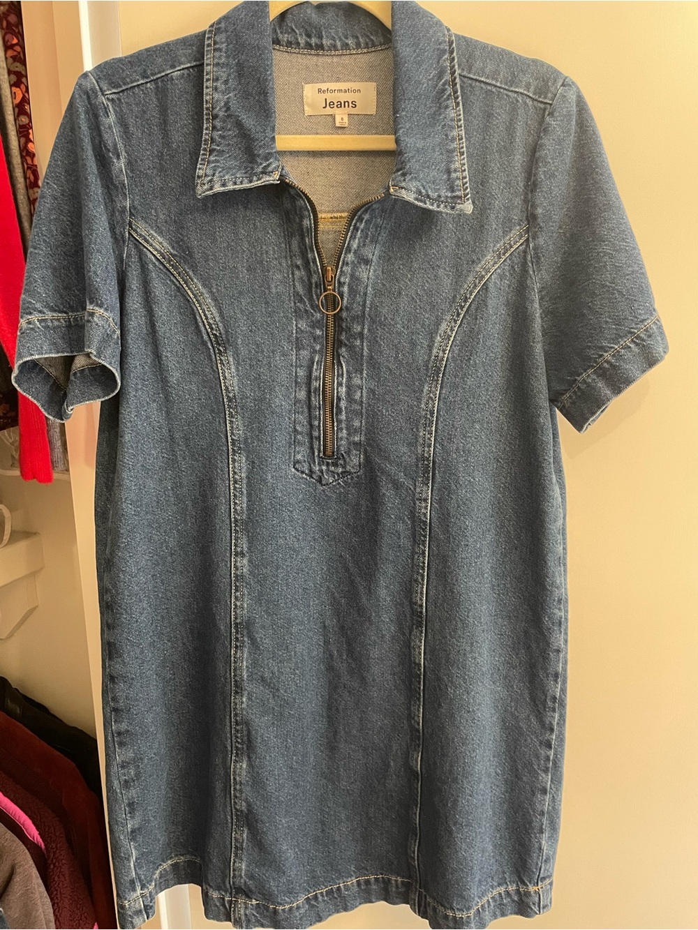 Reformation Denim Mini Dress in Medium Blue with Zip Placket
